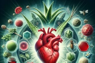 Un cœur rouge et vibrant, palpitant de vie au centre, entouré de symboles de santé comprenant une luxuriante plante d'aloe vera verte, une tige de gin