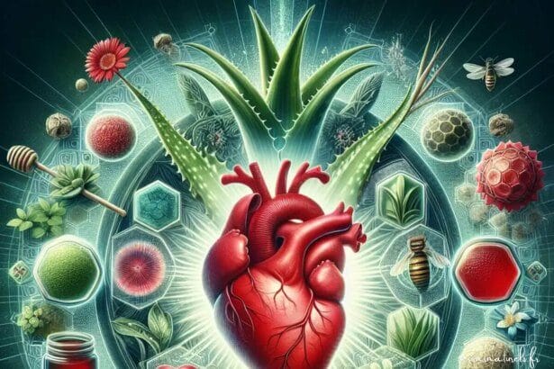 Un cœur rouge et vibrant, palpitant de vie au centre, entouré de symboles de santé comprenant une luxuriante plante d'aloe vera verte, une tige de gin