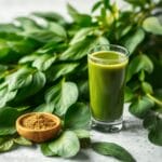 Un gros plan de feuilles de moringa vibrantes avec un arrière-plan flou, accompagné d'un petit bol de poudre de moringa et d'un verre de smoothie v...